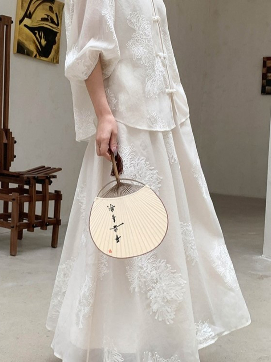 Cang Lan Long Sleeve Graceful Embroidered Set-Ivory (Skirt & Shorts)-The Black Bow-