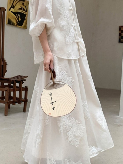 Cang Lan Long Sleeve Graceful Embroidered Set-Ivory (Skirt & Shorts)-The Black Bow-