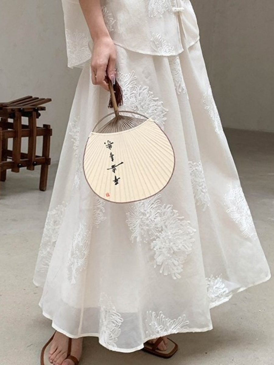 Cang Lan Long Sleeve Graceful Embroidered Set-Ivory (Skirt & Shorts)-The Black Bow-