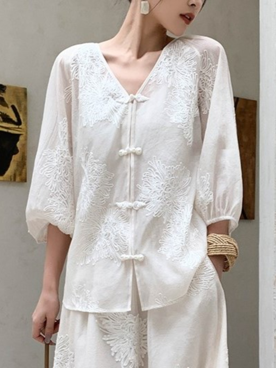 Cang Lan Long Sleeve Graceful Embroidered Set-Ivory (Skirt & Shorts)-The Black Bow-