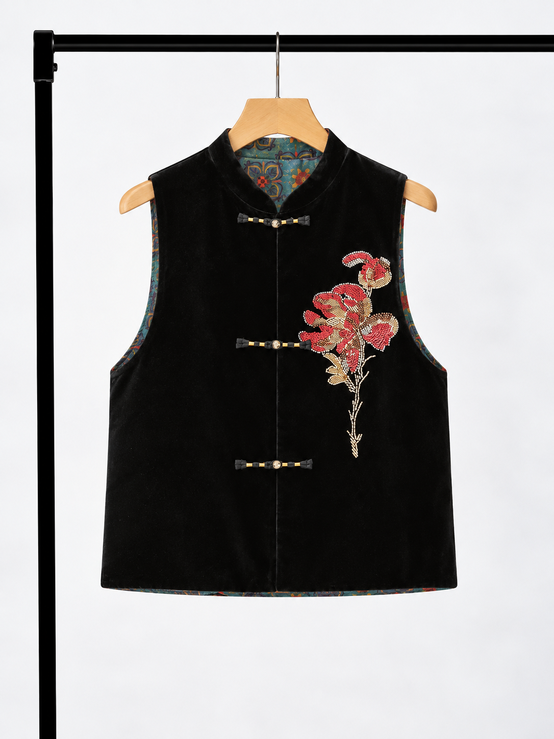 Yan Man Reversible Sequin-Floral Silk-Velvet Oriental Vest