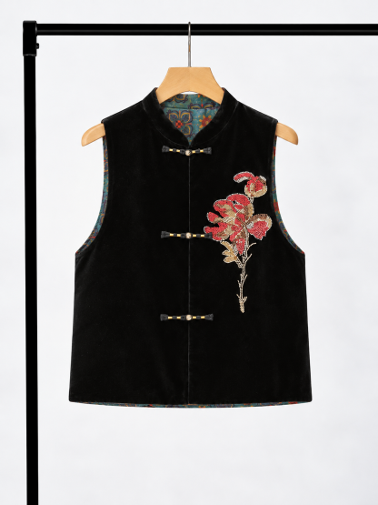 Yan Man Reversible Sequin-Floral Silk-Velvet Oriental Vest