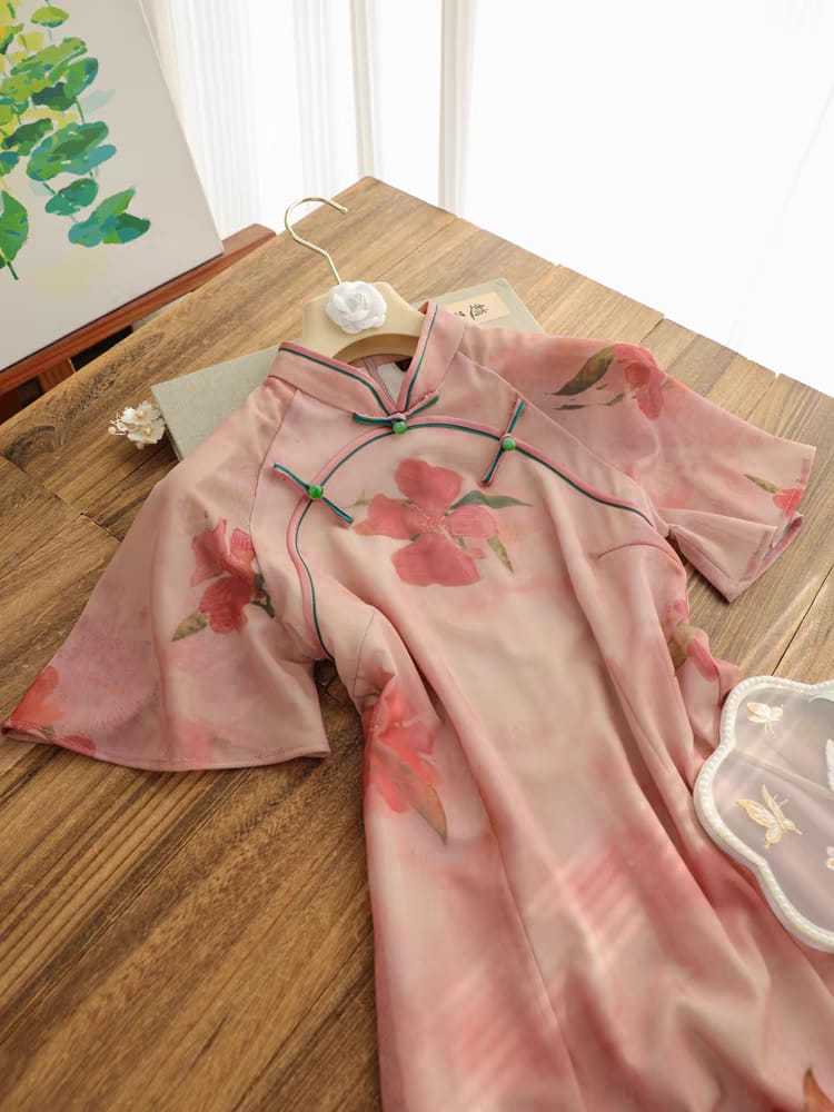 Ya Jie Flounce Sleeve Floral Cheongsam-The Black Bow-