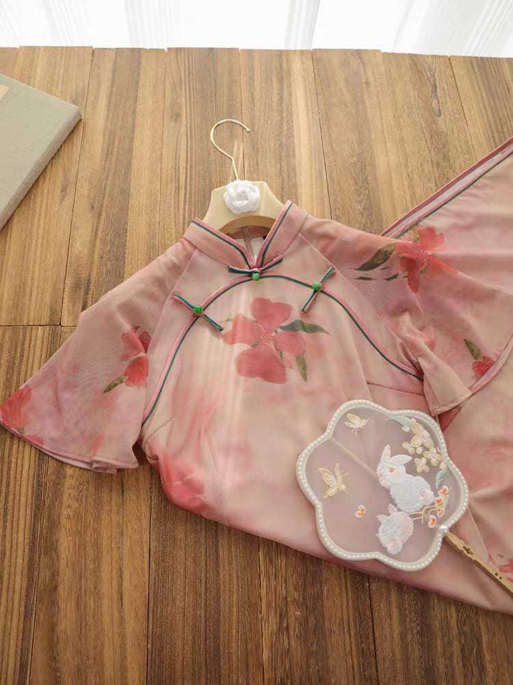 Ya Jie Flounce Sleeve Floral Cheongsam-The Black Bow-