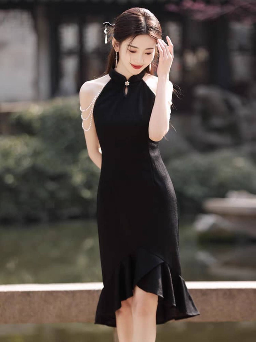 Ya Lian Halter Neck Asymmetric Ruffle Trim Oriental Dress with Pearl Embellishment-The Black Bow-