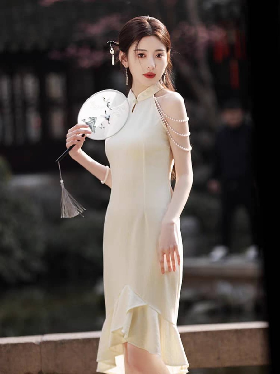 Ya Lian Halter Neck Asymmetric Ruffle Trim Oriental Dress with Pearl Embellishment-The Black Bow-