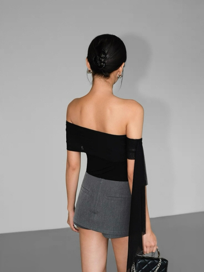 Alaina One Shoulder Top with Flowy Mesh Tie