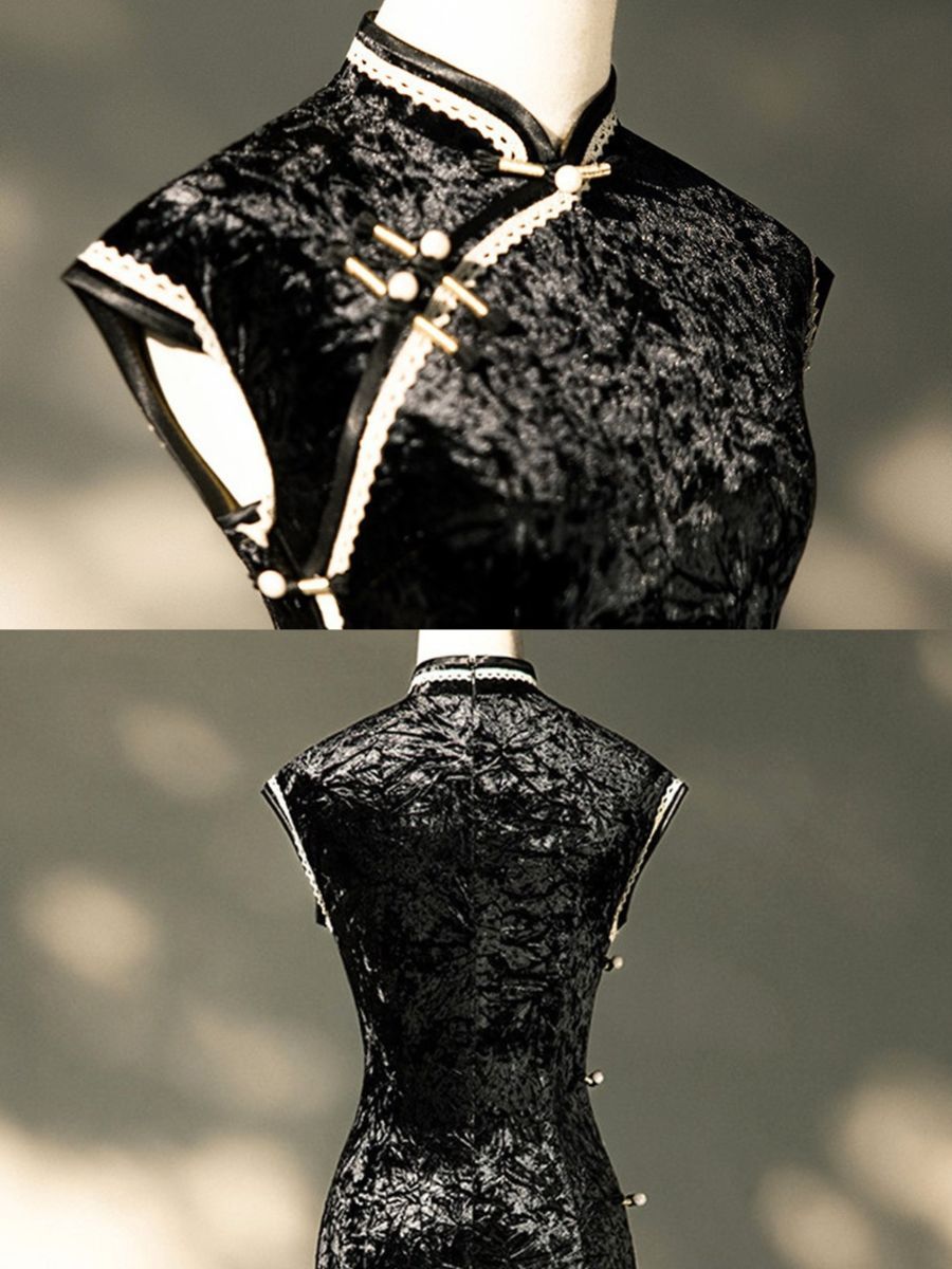 Yun Che Crushed Velvet Cap Sleeve Cheongsam