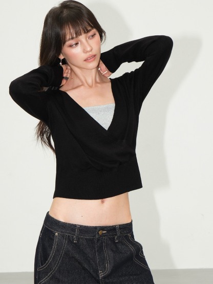 Lareine Wrap V-Neck Hooded Knit Top