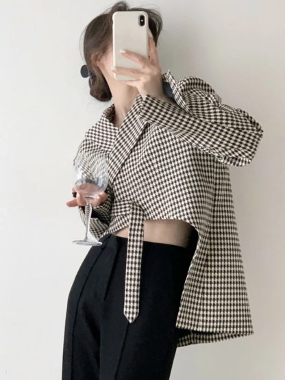 Leyna Houndstooth Asymmetric Cropped Front Blazer-The Black Bow-
