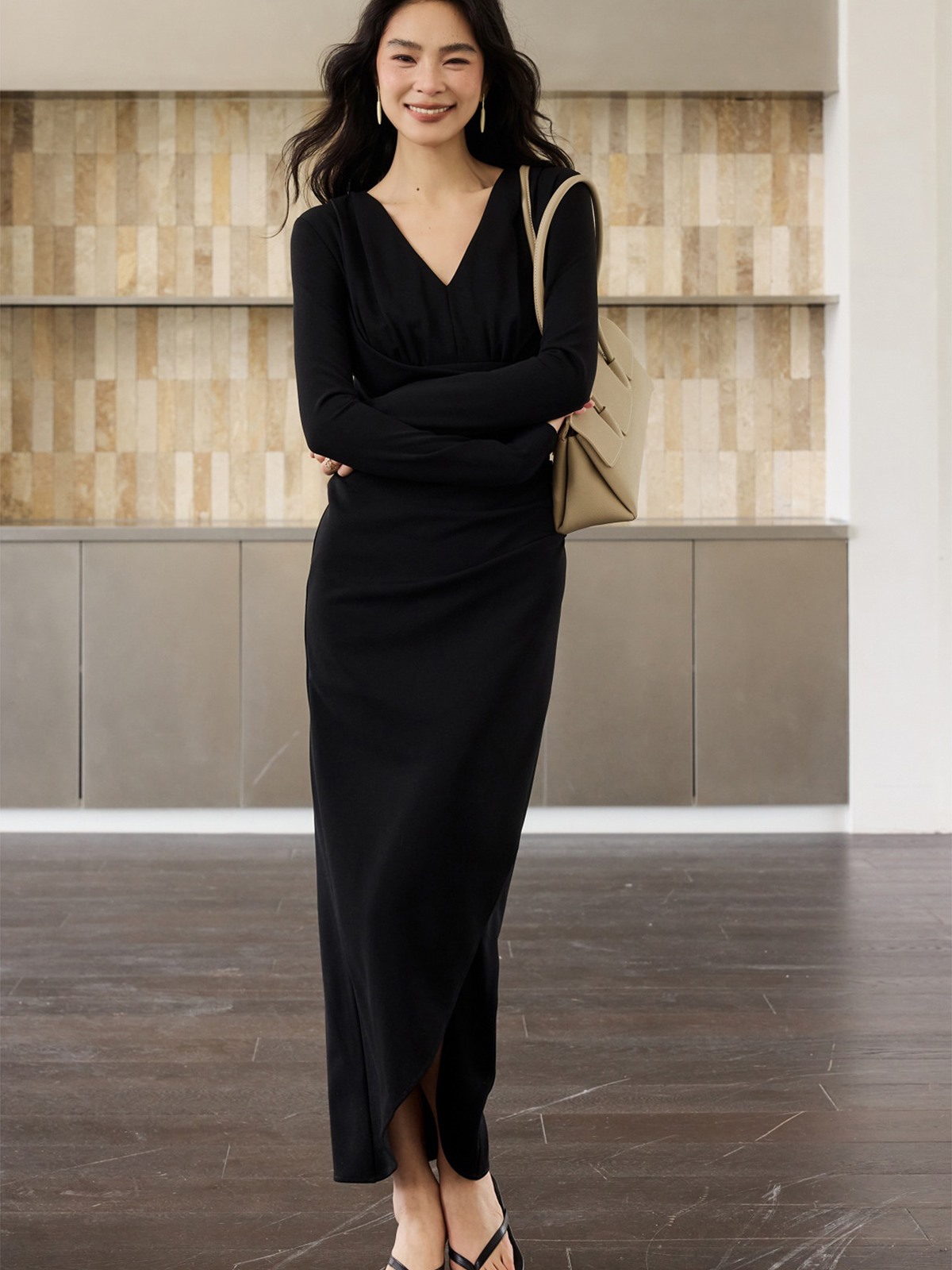 Helon Ruched Long-Sleeve Maxi Dress