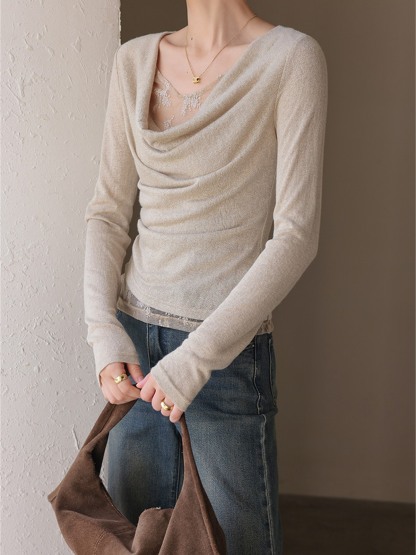 Hermione Ruched Cowl-Neck Long-Sleeve Top
