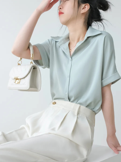 Mairea Mid Sleeve Satin Shirt-The Black Bow-