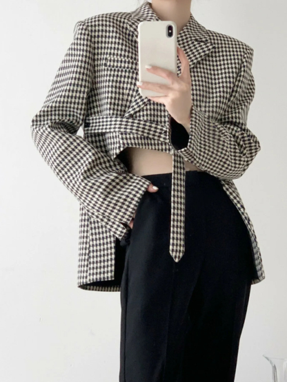 Leyna Houndstooth Asymmetric Cropped Front Blazer-The Black Bow-