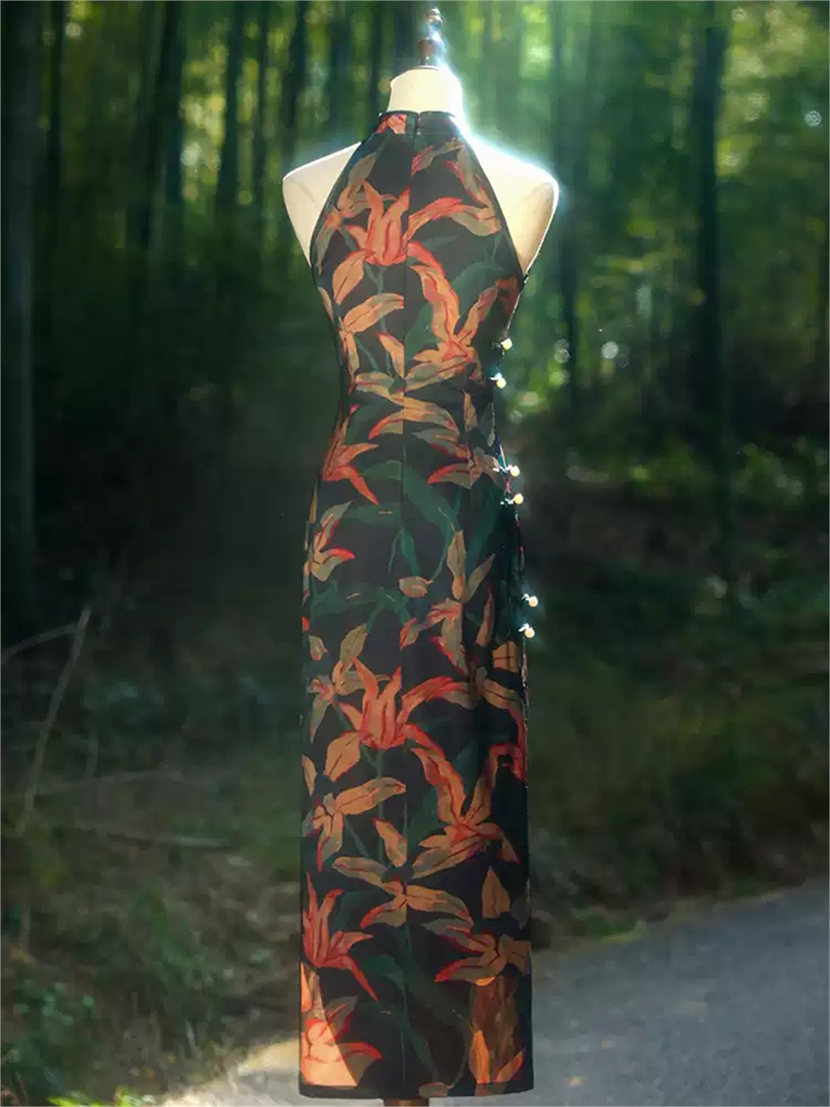 Yun Chan Botanical Print Halter Cheongsam