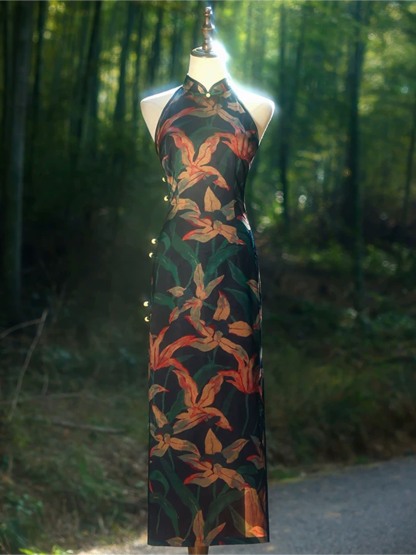 Yun Chan Botanical Print Halter Cheongsam