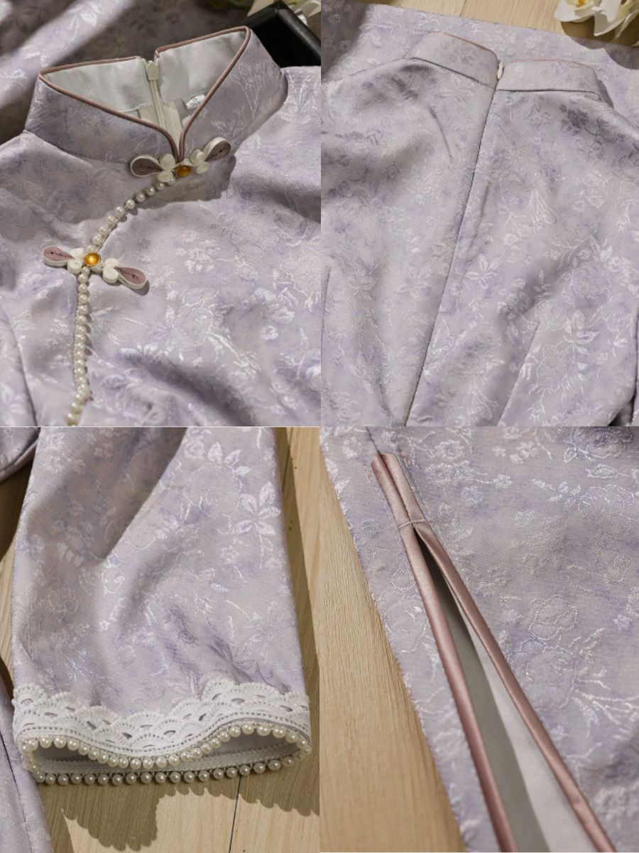 Yun Dan Floral Jacquard Lace Cuff Cheongsam
