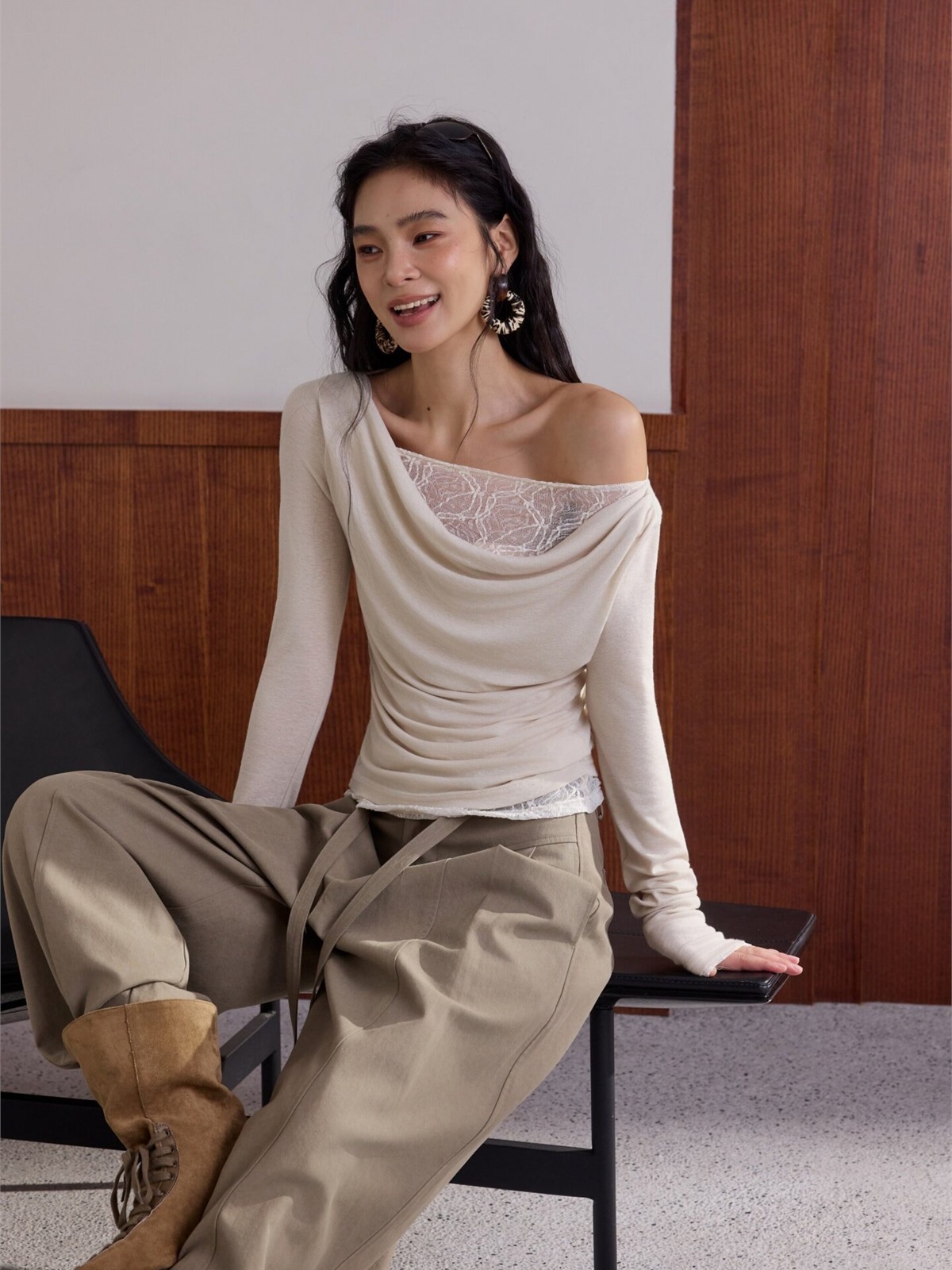 Hary Lace Trim One Shoulder Long-Sleeve Top