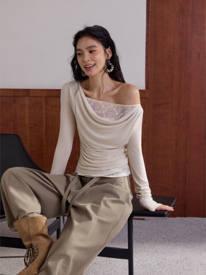 Hary Lace Trim One Shoulder Long-Sleeve Top