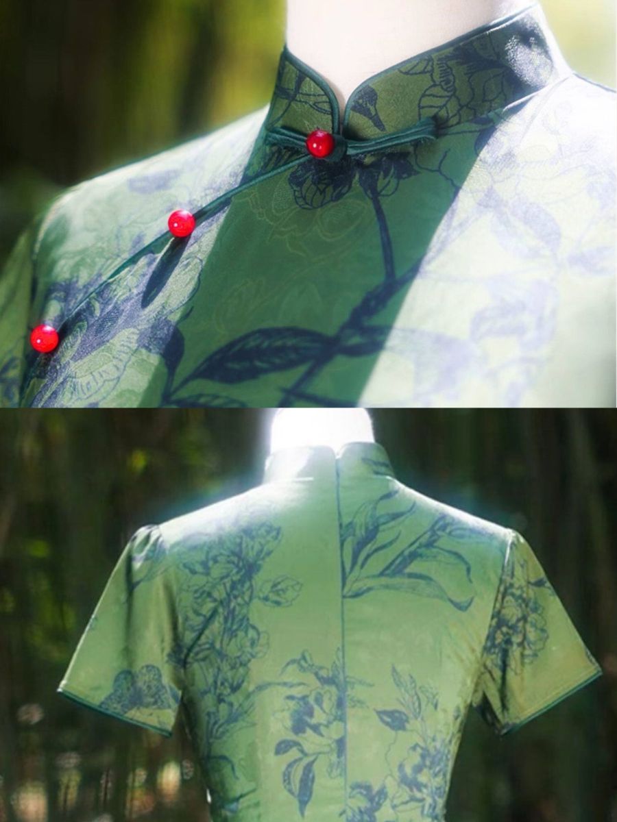 Yun Chai Botanical Print Short Sleeve Cheongsam