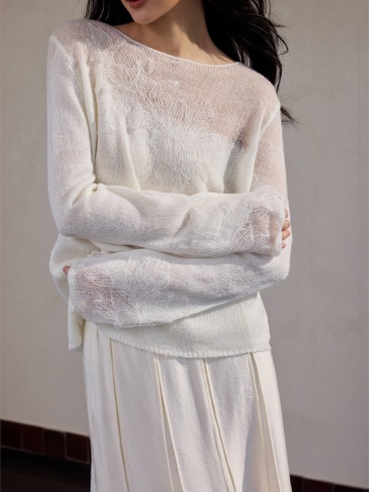 Hera Graceful Floral Sheer-Knit Long-Sleeve Top