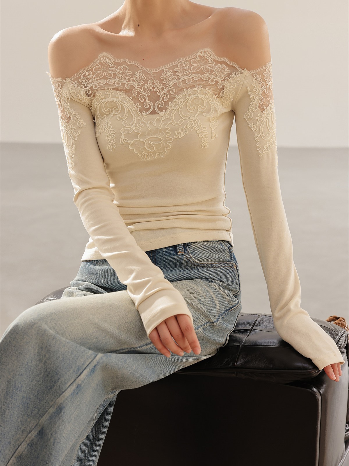 Helena Graceful Lace-Trim Knit Top