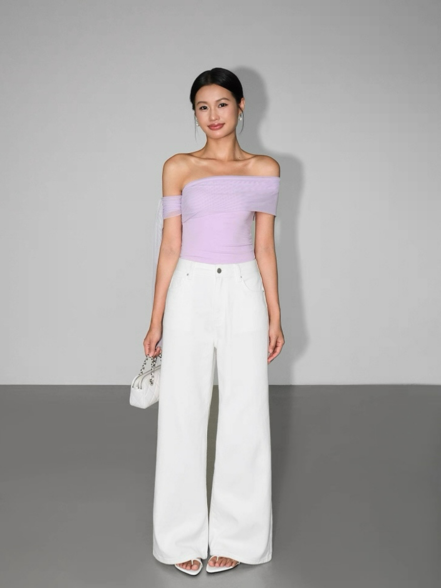 Alaina One Shoulder Top with Flowy Mesh Tie