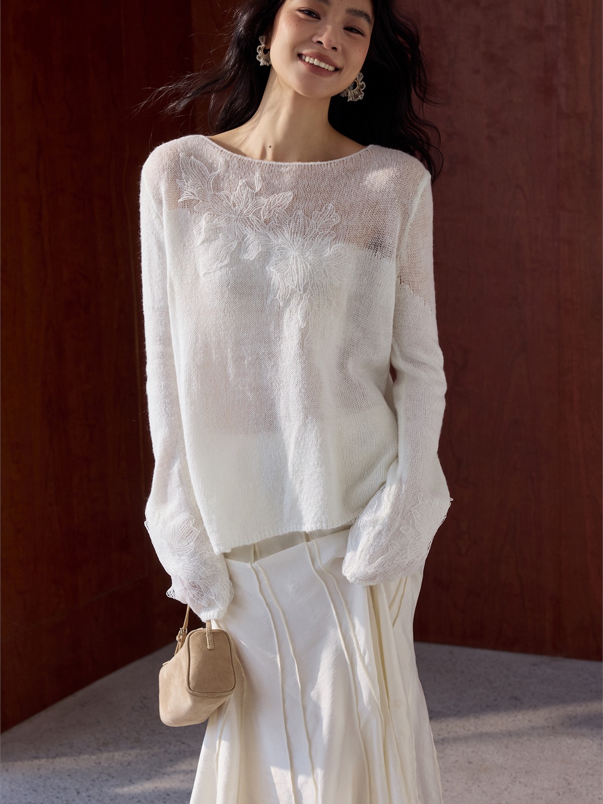 Hera Graceful Floral Sheer-Knit Long-Sleeve Top