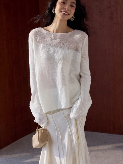 Hera Graceful Floral Sheer-Knit Long-Sleeve Top
