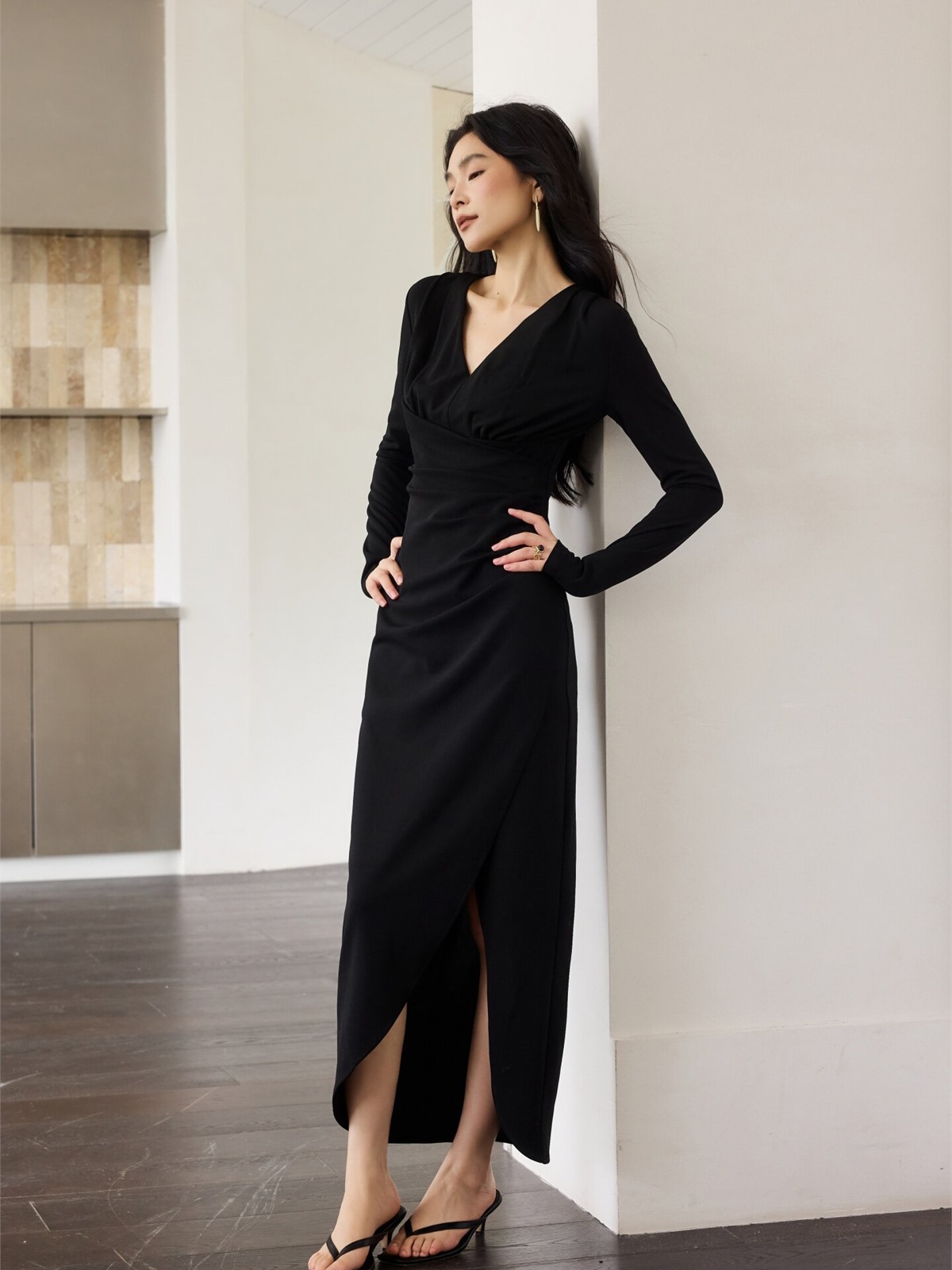Helon Ruched Long-Sleeve Maxi Dress