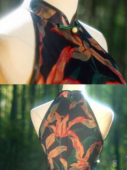 Yun Chan Botanical Print Halter Cheongsam