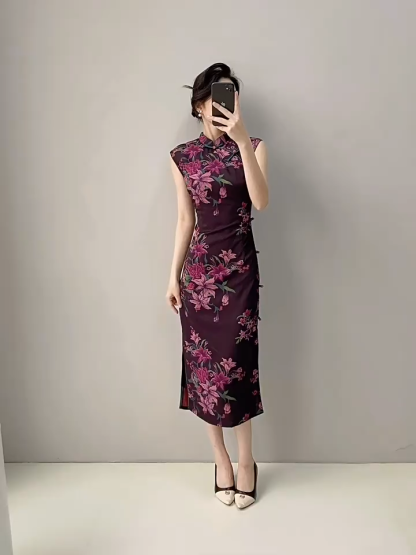 Ci Na Cap Sleeve Floral Cheongsam