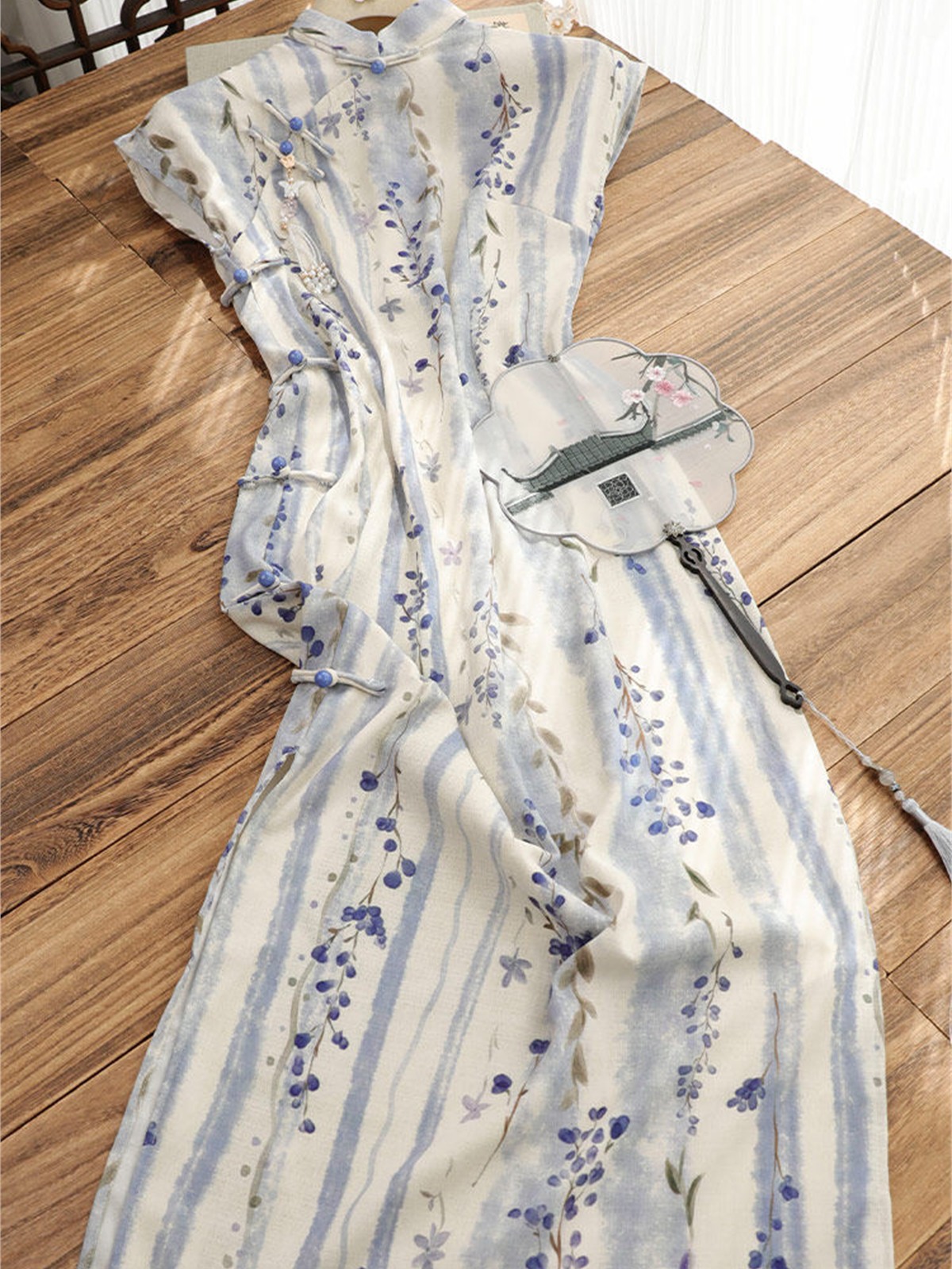 Yun Dui Floral Stripe Short Sleeve Cheongsam