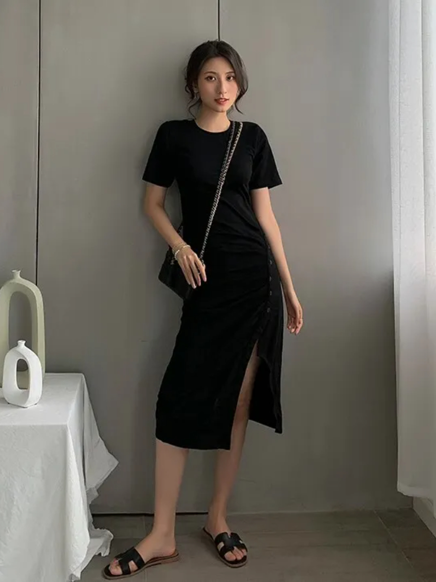 Gladyna Button Side Slit Dress-The Black Bow-