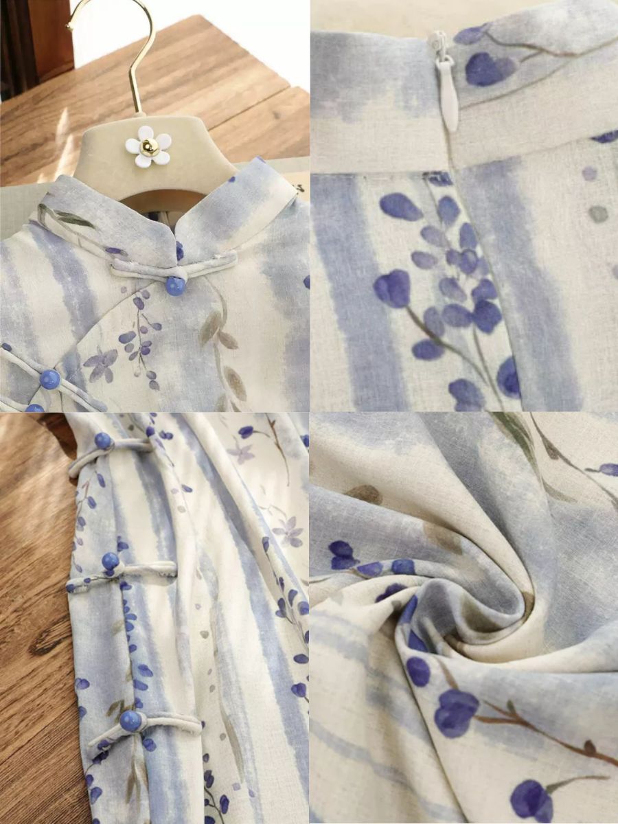 Yun Dui Floral Stripe Short Sleeve Cheongsam