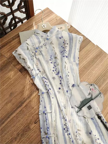 Yun Dui Floral Stripe Short Sleeve Cheongsam