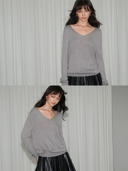 Lucienne Relaxed V-Neck Wool-Blend Knit Top