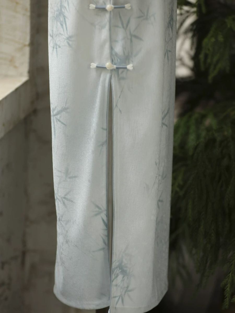 Yun Die Bamboo Print Short Sleeve Cheongsam
