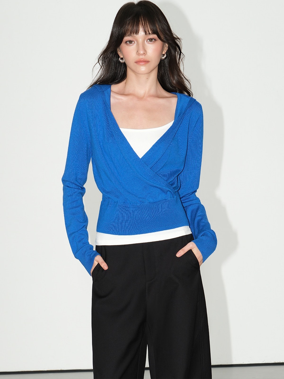 Lareine Wrap V-Neck Hooded Knit Top