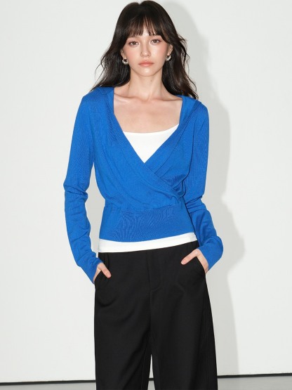Lareine Wrap V-Neck Hooded Knit Top