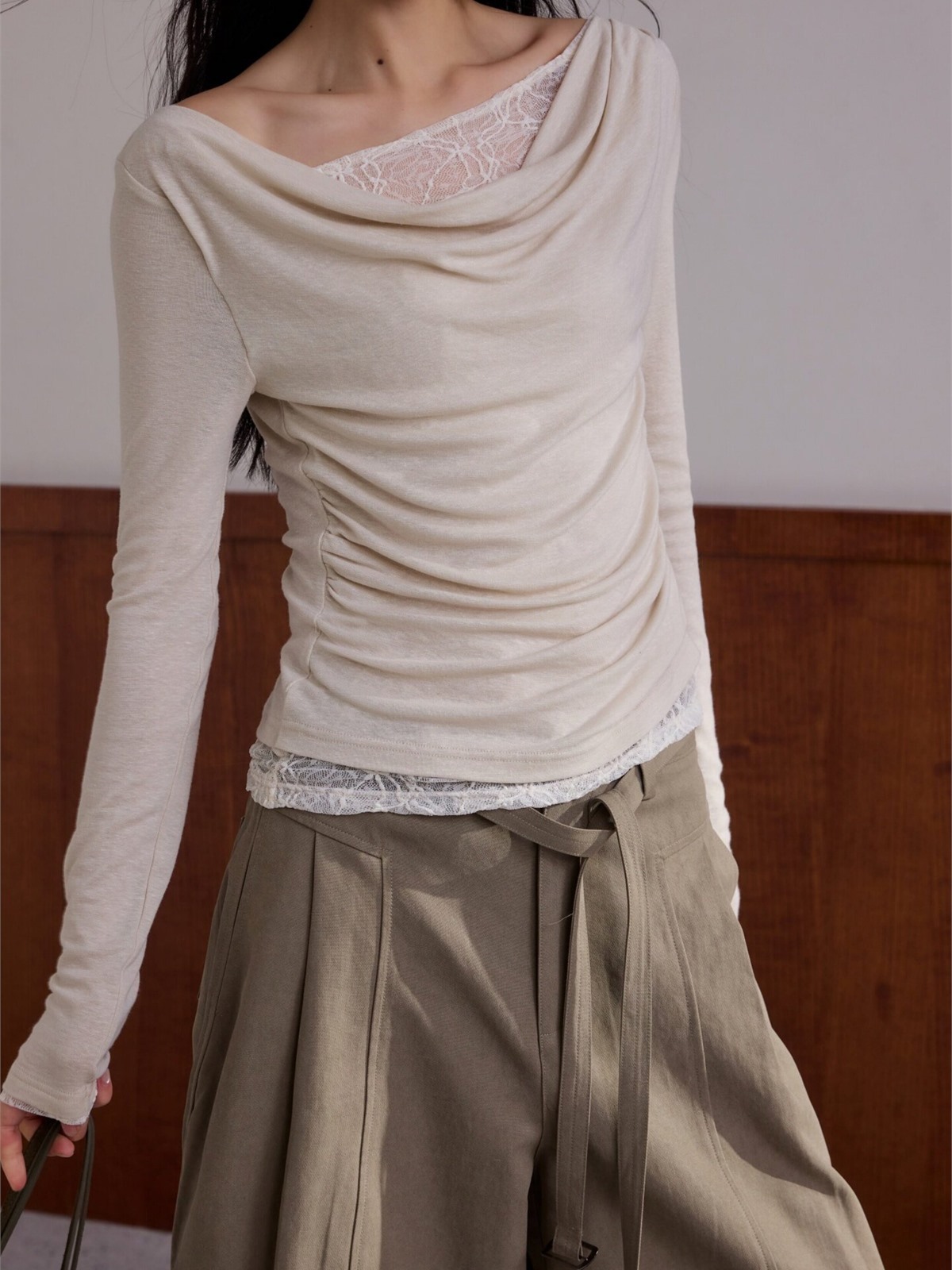 Hary Lace Trim One Shoulder Long-Sleeve Top
