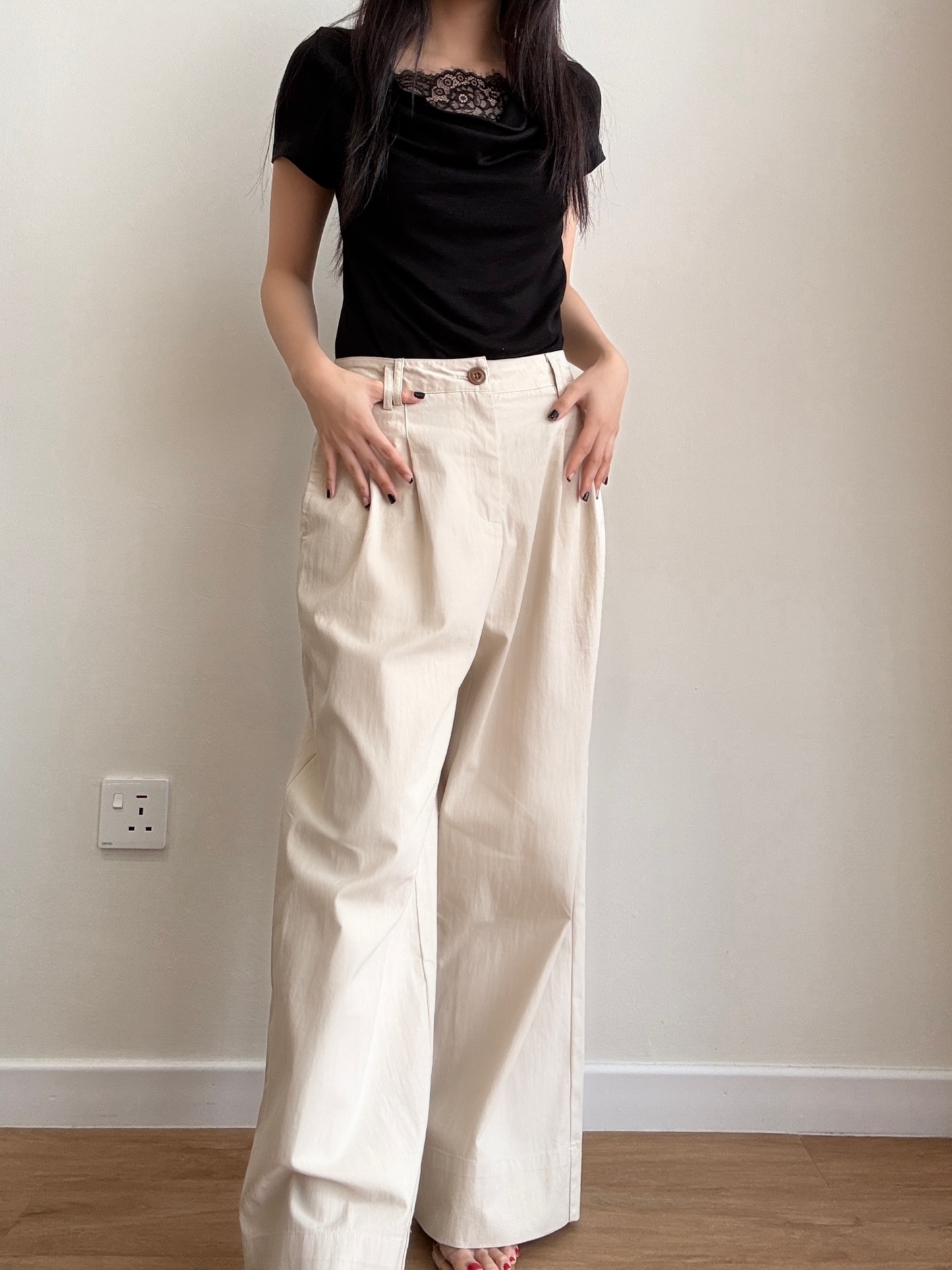 【French Weekend Set】Lacey Trim Blouse + Relaxed Wide Leg Pants (Sold Separately)