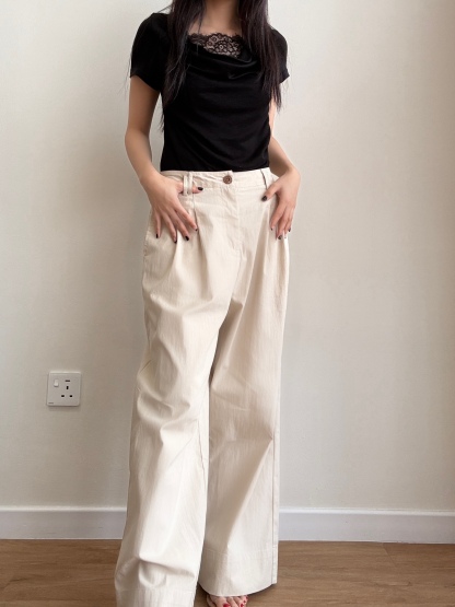 【French Weekend Set】Lacey Trim Blouse + Relaxed Wide Leg Pants (Sold Separately)