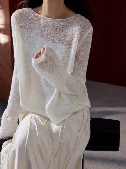 Hera Graceful Floral Sheer-Knit Long-Sleeve Top
