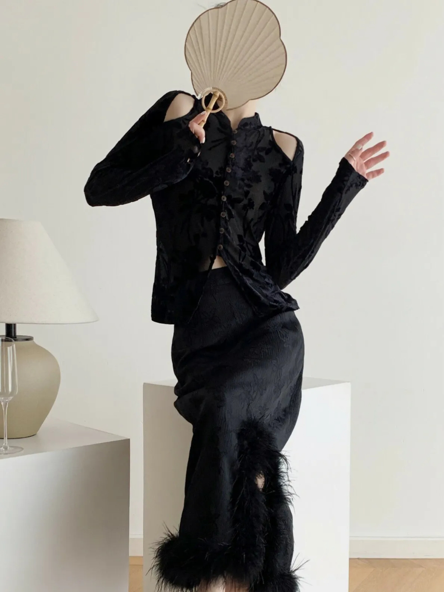 Ling Yun Feather Trim Jacquard Oriental Skirt-The Black Bow-