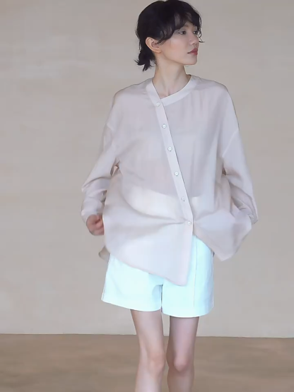 Hanna Asymmetric Button Stand Collar Linen Shirt