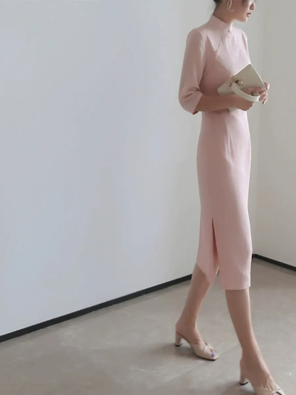 Na's Mandarin Collar Half Sleeve Cheongsam-The Black Bow-