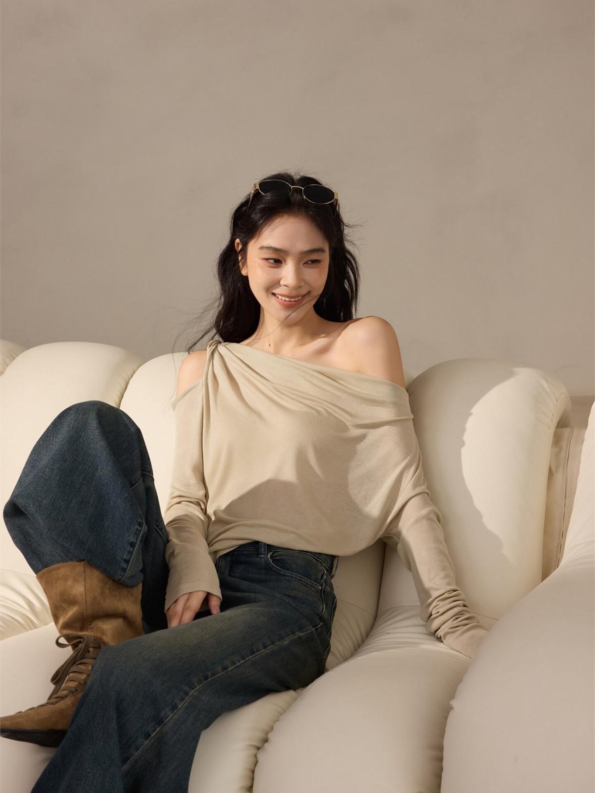 Hannah Asymmetric Draped Long-Sleeve Top