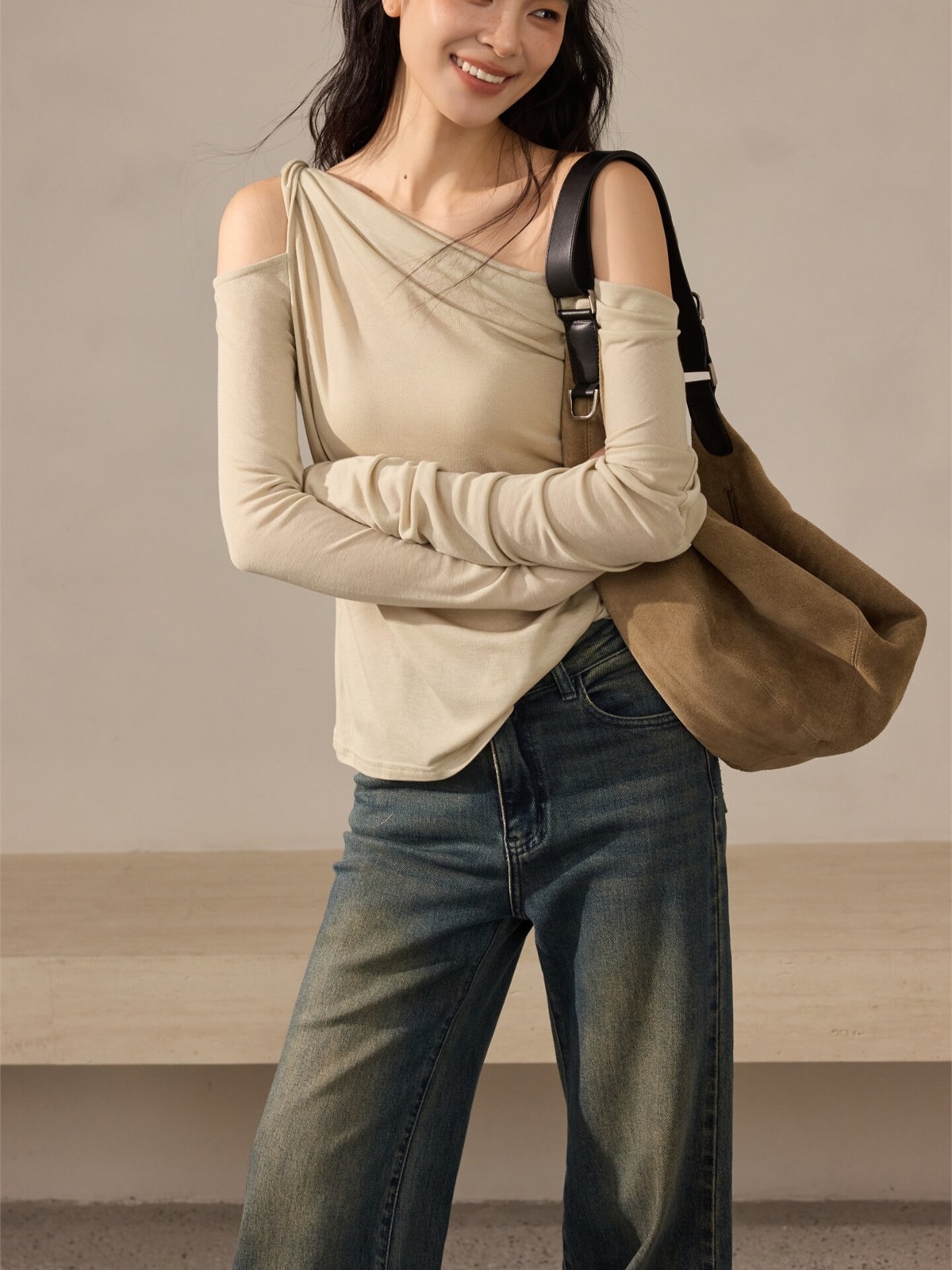 Hannah Asymmetric Draped Long-Sleeve Top