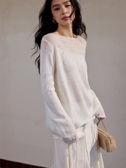 Hera Graceful Floral Sheer-Knit Long-Sleeve Top